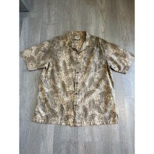 L.L. Bean Shirt Mens L Tropical Leaf Print Beige Button VTG Pocket Short Sleeve